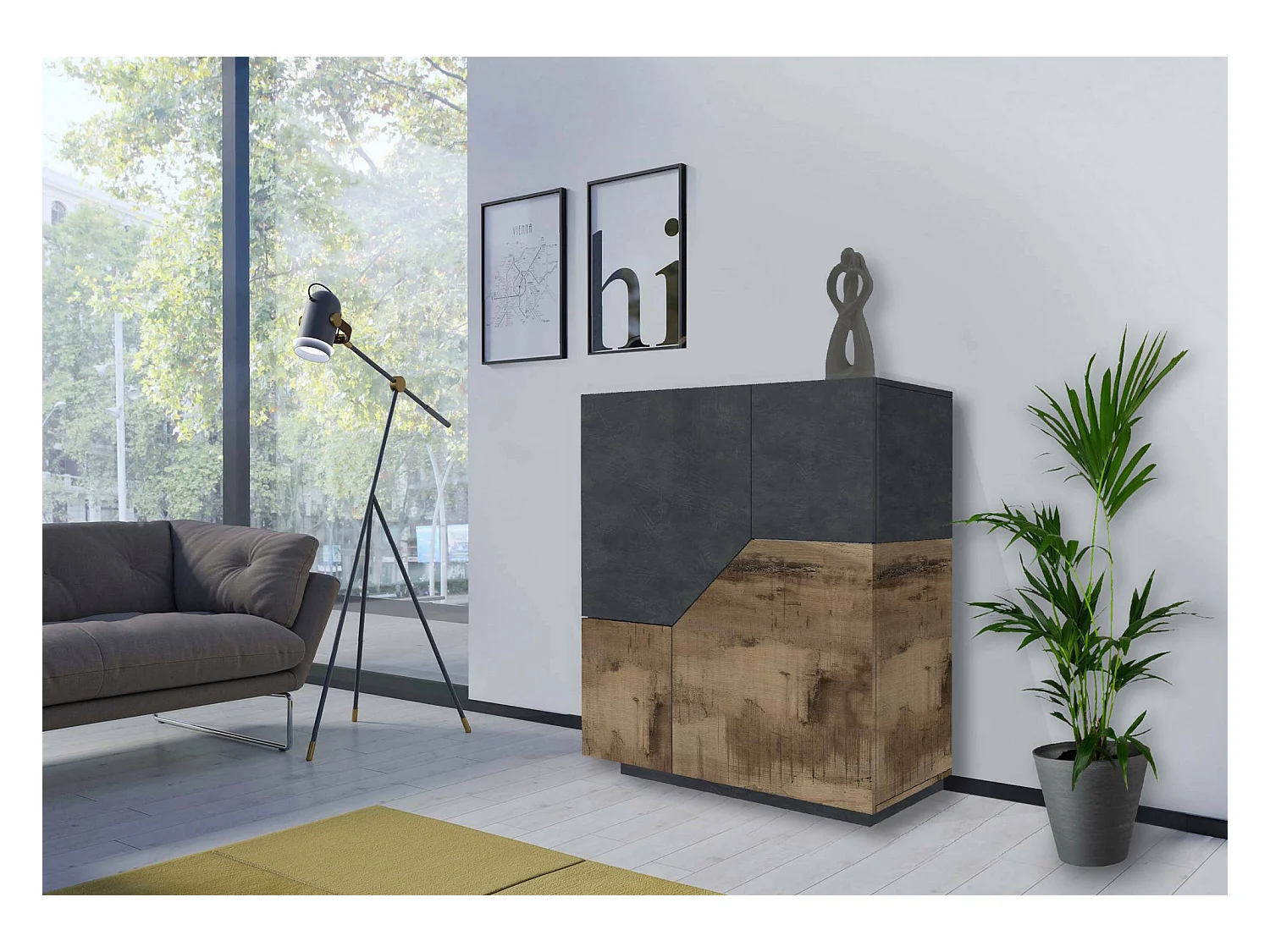 Nathan dressoir, keukendressoir met 2 deuren, woonkamerbuffet, 100% Made in Italy, 100x43h106 cm, leisteen en esdoorn