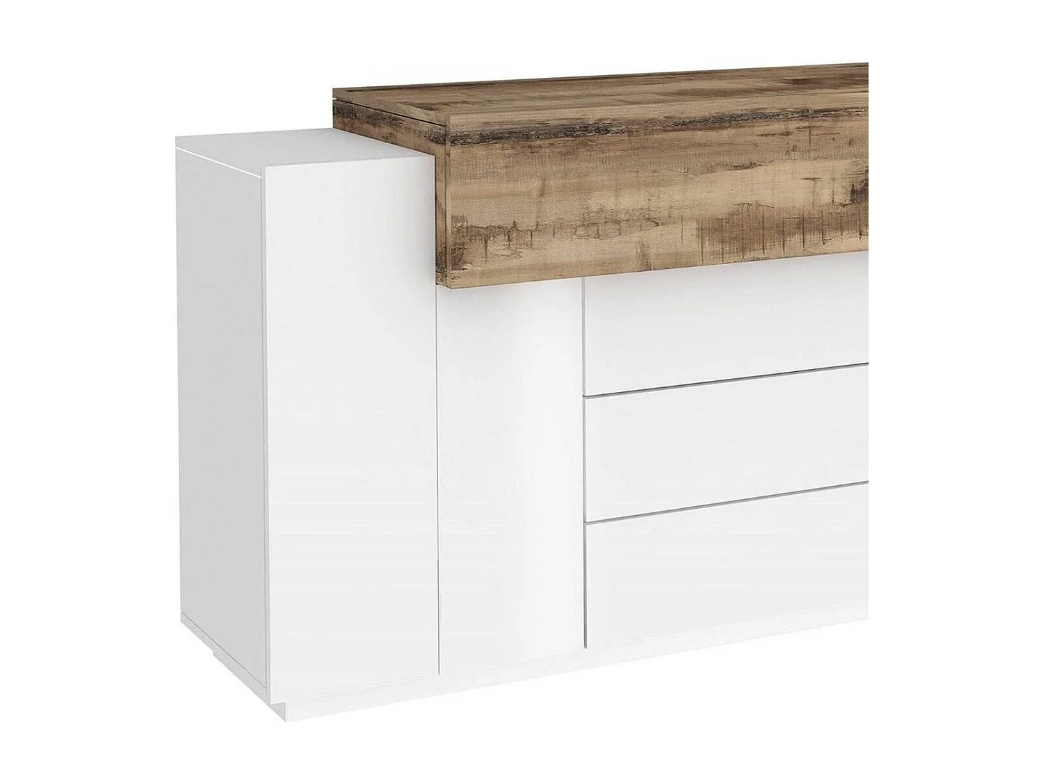 Aparador Milo, Aparador de cocina con 3 puertas y 3 cajones, Buffet de salón, 100% Made in Italy, 160x45h86 cm, Blanco brillo y Arce