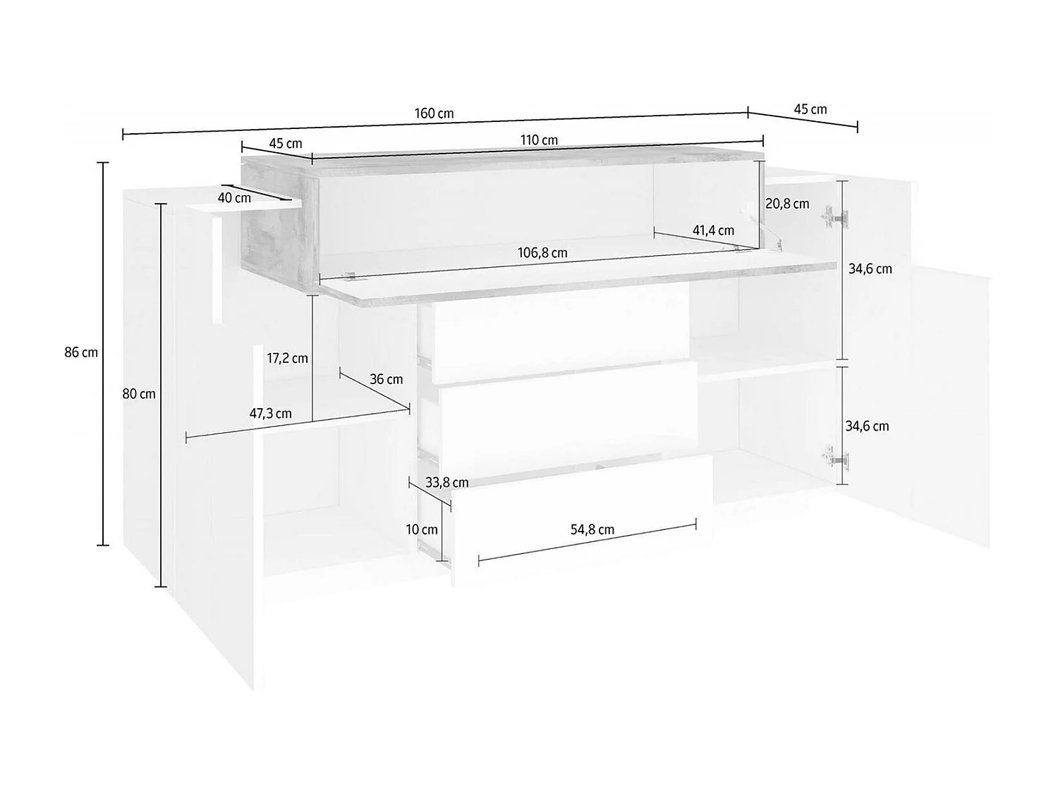 Buffet Milo, Buffet de cuisine avec 3 portes et 3 tiroirs, Buffet de salon, 100% Made in Italy, 160x45h86 cm, Blanc brillant et Érable