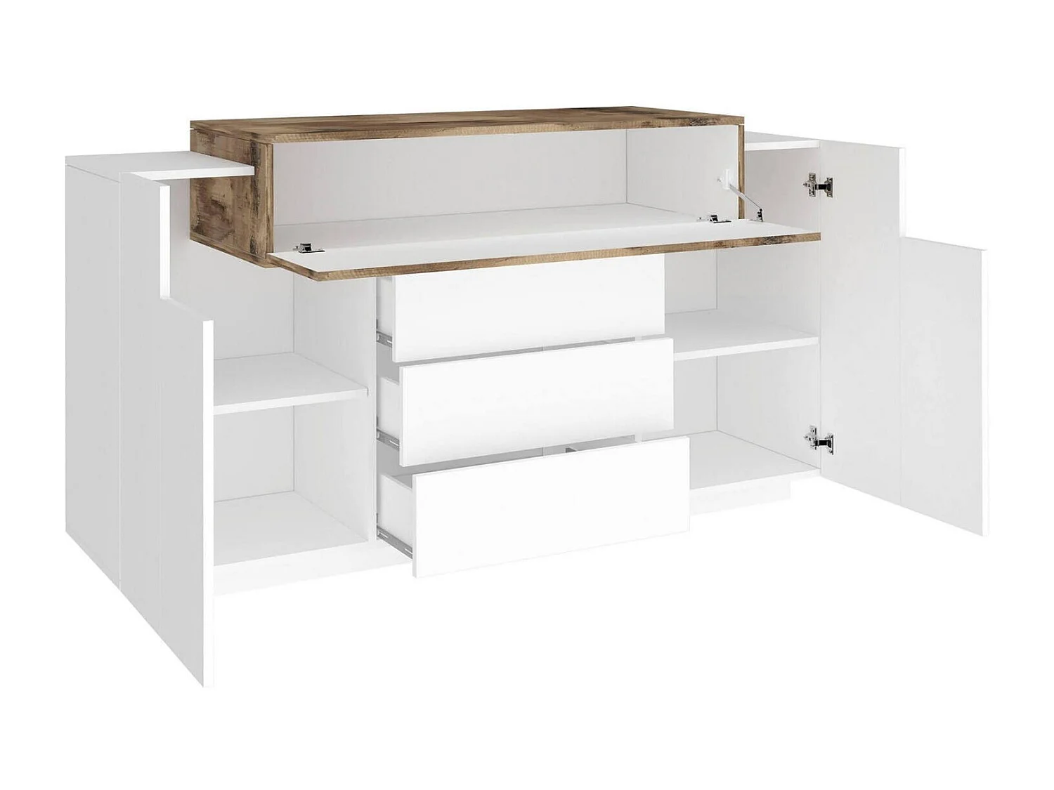 Buffet Milo, Buffet de cuisine avec 3 portes et 3 tiroirs, Buffet de salon, 100% Made in Italy, 160x45h86 cm, Blanc brillant et Érable