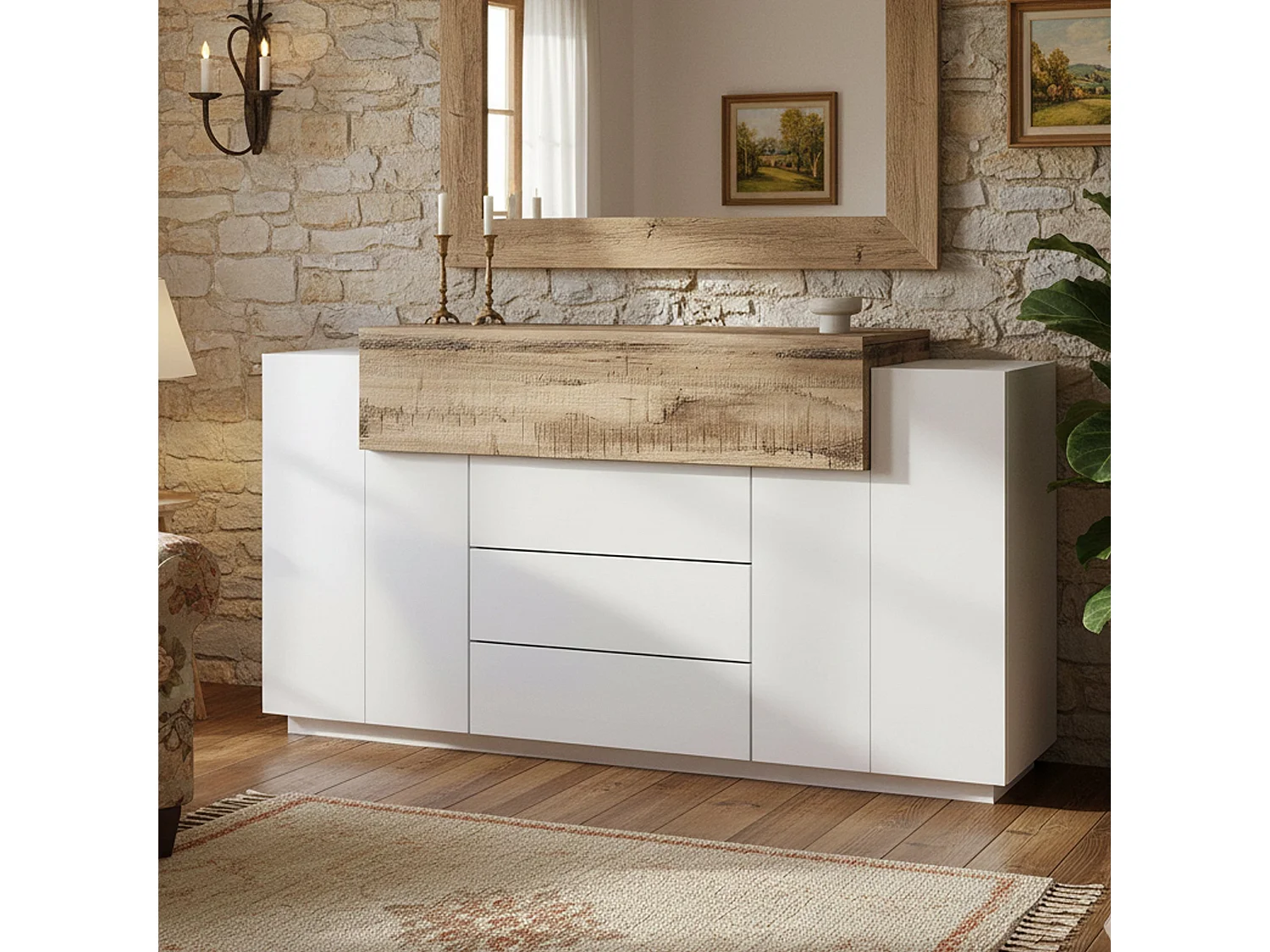 Buffet Milo, Buffet de cuisine avec 3 portes et 3 tiroirs, Buffet de salon, 100% Made in Italy, 160x45h86 cm, Blanc brillant et Érable