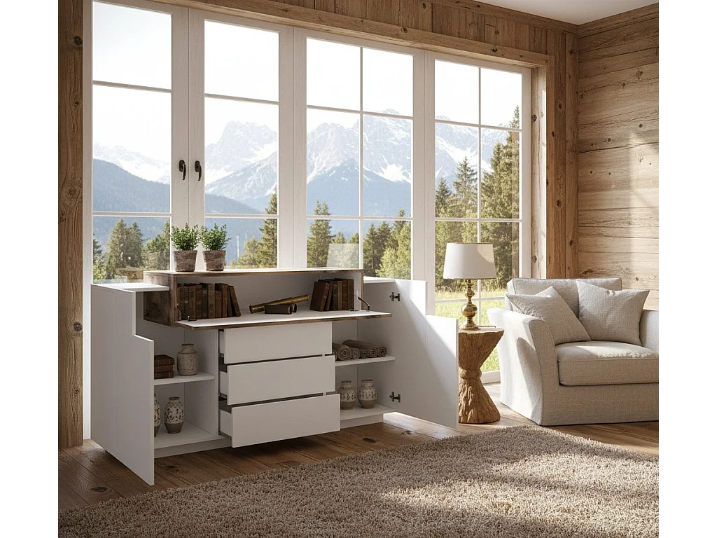 Buffet Milo, Buffet de cuisine avec 3 portes et 3 tiroirs, Buffet de salon, 100% Made in Italy, 160x45h86 cm, Blanc brillant et Érable