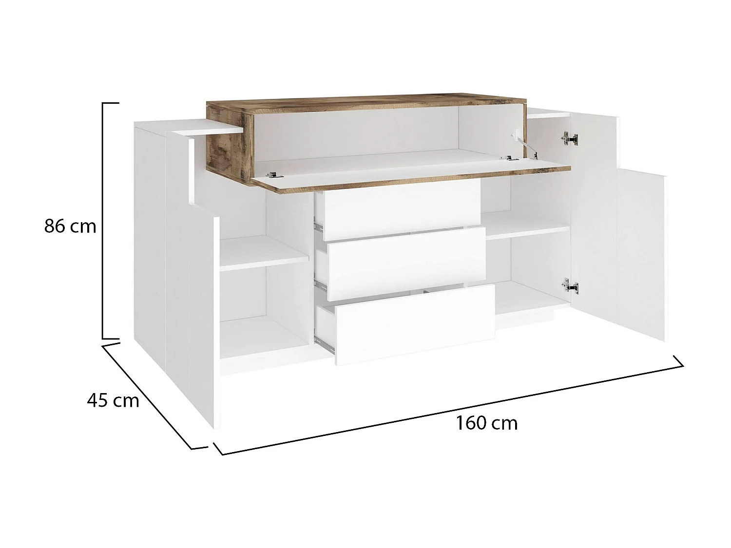 Buffet Milo, Buffet de cuisine avec 3 portes et 3 tiroirs, Buffet de salon, 100% Made in Italy, 160x45h86 cm, Blanc brillant et Érable