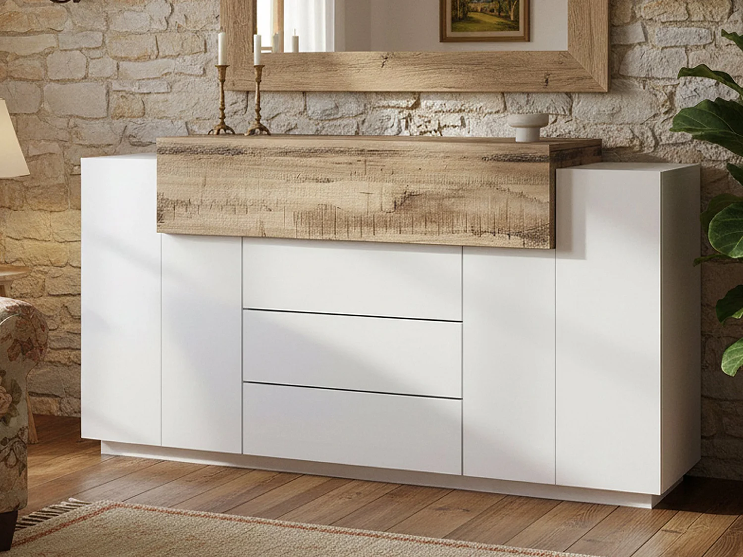 Buffet Milo, Buffet de cuisine avec 3 portes et 3 tiroirs, Buffet de salon, 100% Made in Italy, 160x45h86 cm, Blanc brillant et Érable