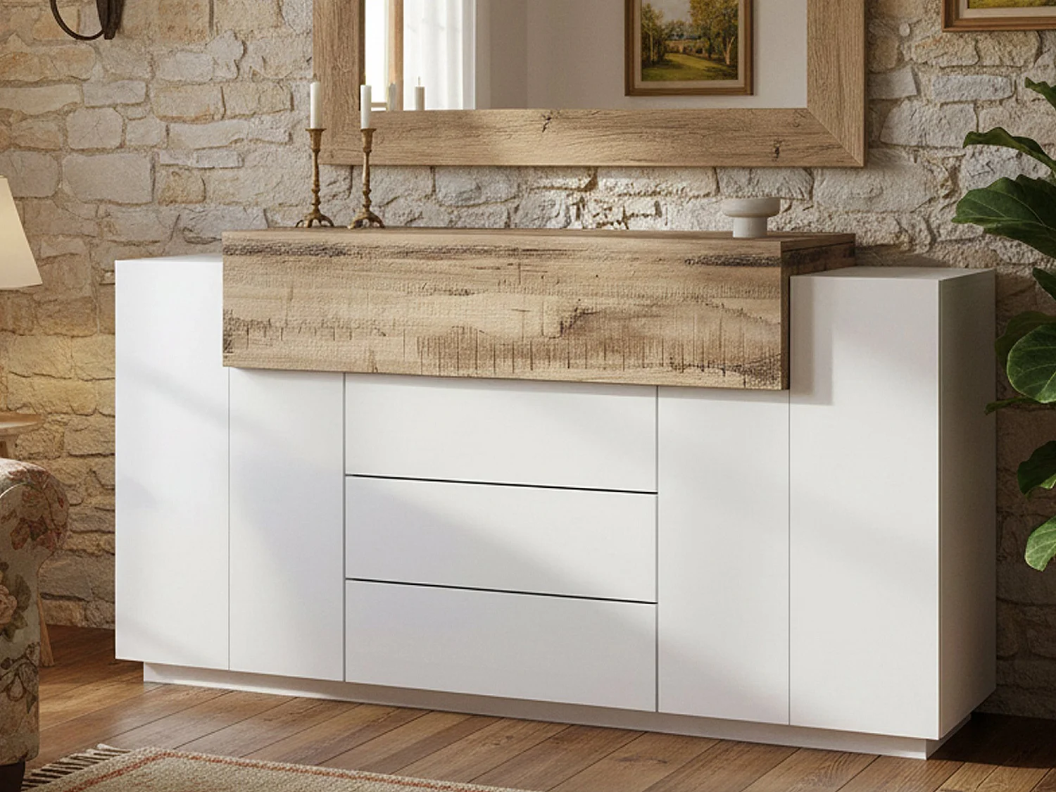 Buffet Milo, Buffet de cuisine avec 3 portes et 3 tiroirs, Buffet de salon, 100% Made in Italy, 160x45h86 cm, Blanc brillant et Érable