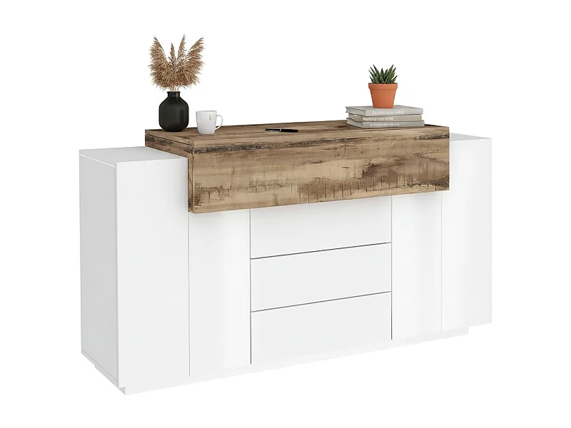 Aparador Milo, Aparador de cocina con 3 puertas y 3 cajones, Buffet de salón, 100% Made in Italy, 160x45h86 cm, Blanco brillo y Arce