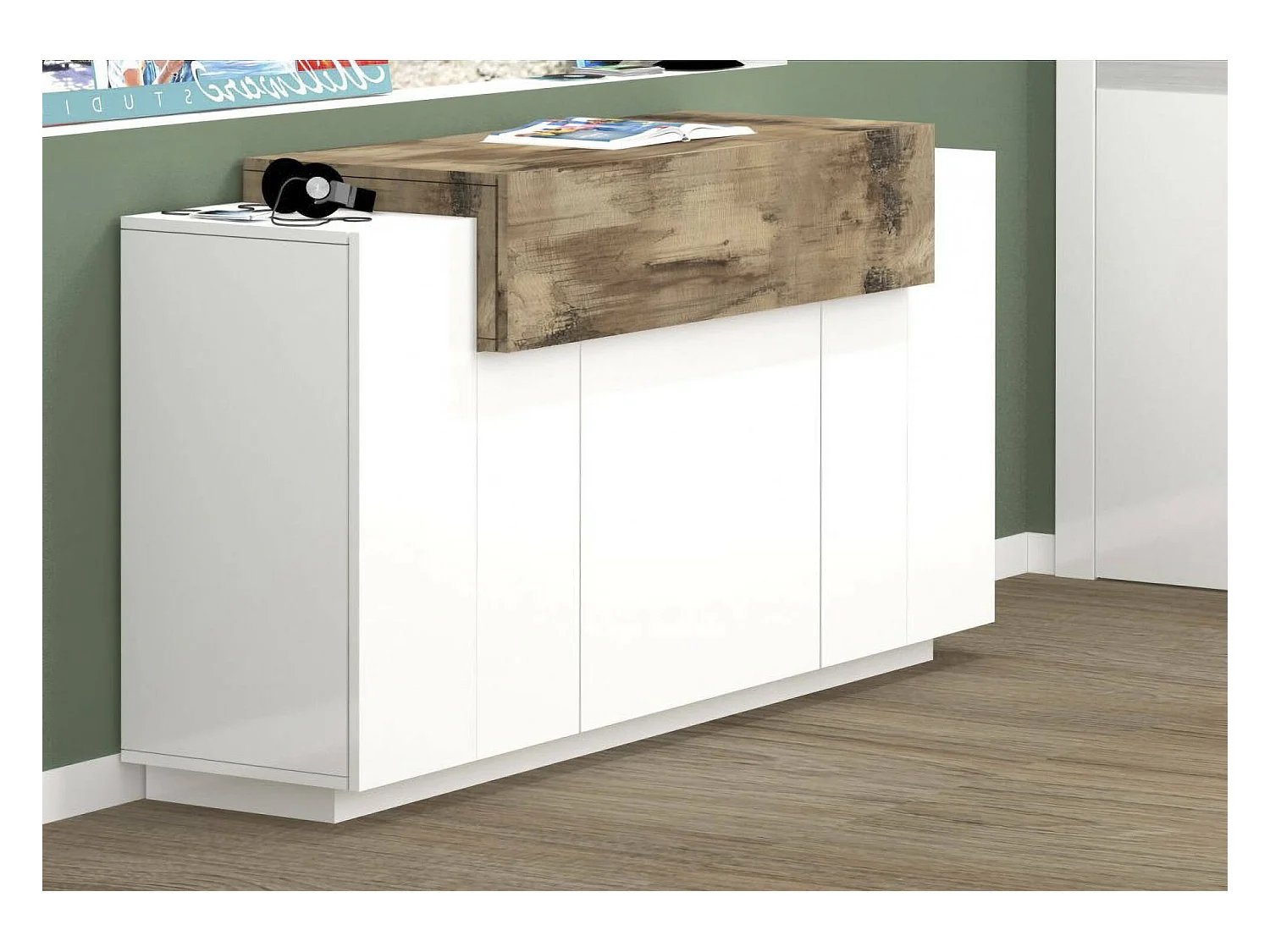 Renzo Dressoir, Keukendressoir met 4 deuren, Woonkamerbuffet, 100% Made in Italy, 140x45h86 cm, Glanzend wit en esdoorn