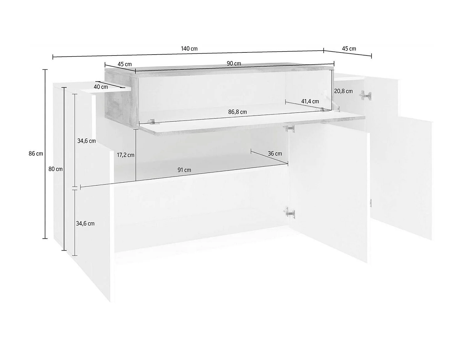 Aparador Renzo, Aparador de cozinha com 4 portas, Buffet de sala, 100% Fabricado na Itália, 140x45h86 cm, Branco brilhante e Bordo