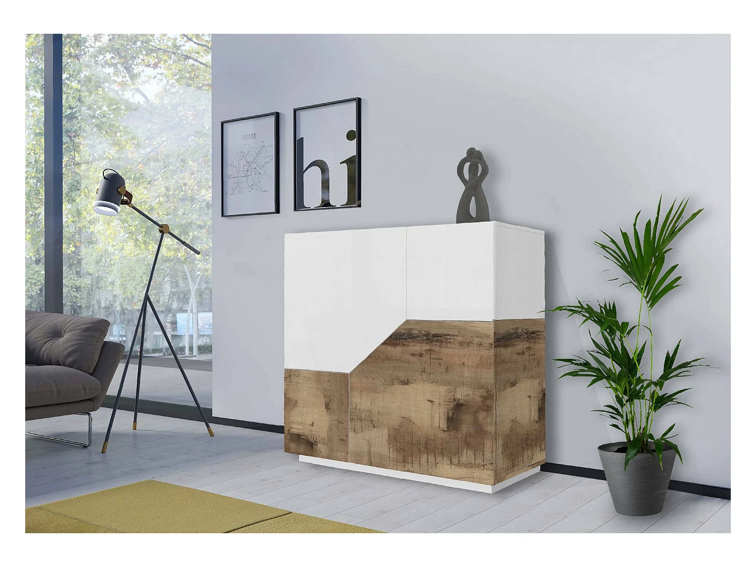Domenico dressoir, Keukendressoir met 2 geometrische deuren, Woonkamerbuffet, Keukendressoir, 100% Made in Italy, 79x43h86 cm, Glanzend wit en esdoorn