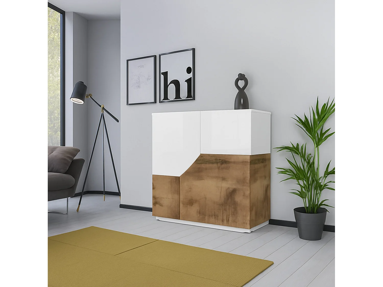 Buffet Domenico, Buffet de cuisine avec 2 portes géométriques, Buffet de salon, Buffet de cuisine, 100% Made in Italy, 79x43h86 cm, Blanc brillant et érable