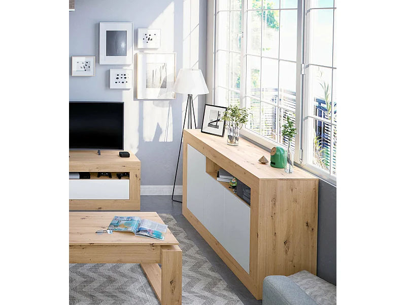 Thornton Sideboard, Wohnzimmergarderobe, Wohnzimmerbuffet mit Fächern, TV-Ständer, modernes Sideboard mit 3 Türen, 144x42h87 cm, geknotete Eiche und Weiß