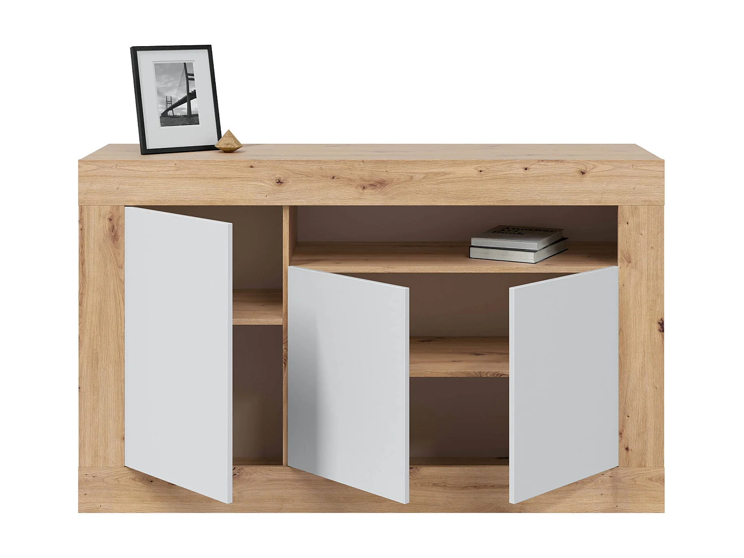 Buffet Thornton, Armoire de salon, Buffet de salon avec compartiments, Meuble TV, Buffet moderne avec 3 portes, 144x42h87 cm, Chêne noué et Blanc