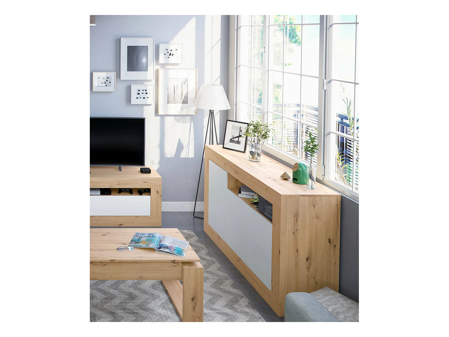 Buffet Thornton, Armoire de salon, Buffet de salon avec compartiments, Meuble TV, Buffet moderne avec 3 portes, 144x42h87 cm, Chêne noué et Blanc