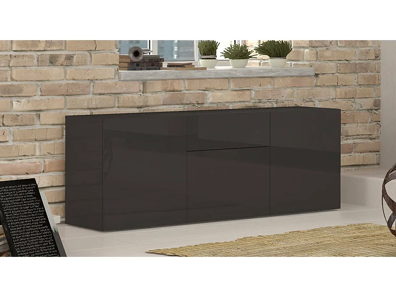 Buffet Tobia, Buffet de cuisine avec 3 portes et 1 tiroir, Buffet de salon, 100% Made in Italy, 170x40h35 cm, Anthracite Brillant