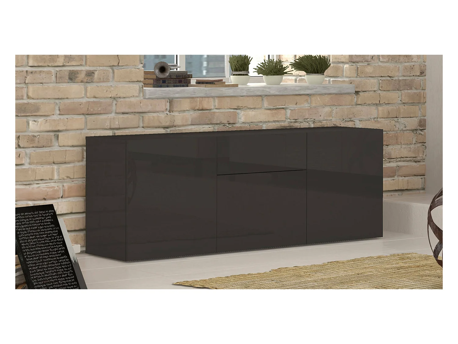 Buffet Tobia, Buffet de cuisine avec 3 portes et 1 tiroir, Buffet de salon, 100% Made in Italy, 170x40h35 cm, Anthracite Brillant