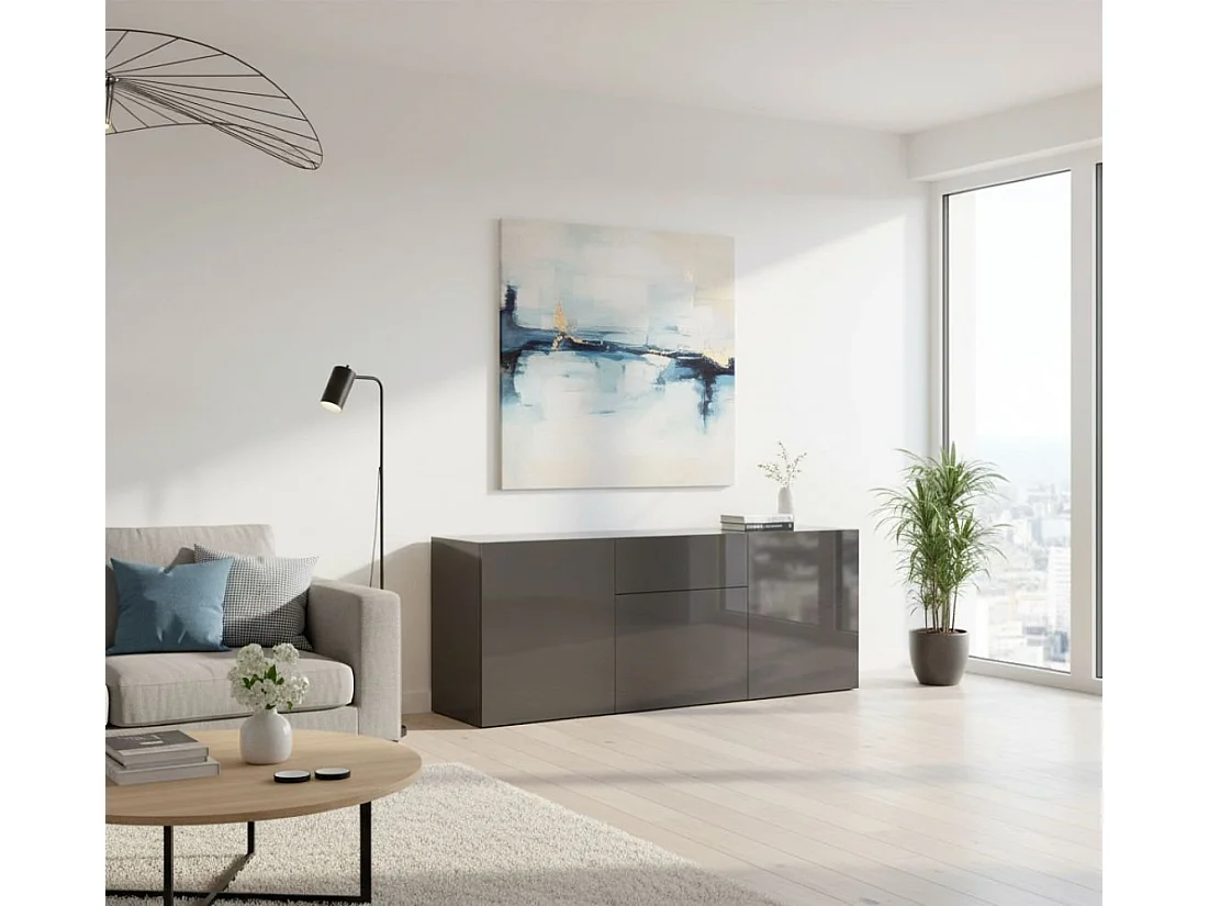 Buffet Tobia, Buffet de cuisine avec 3 portes et 1 tiroir, Buffet de salon, 100% Made in Italy, 170x40h35 cm, Anthracite Brillant