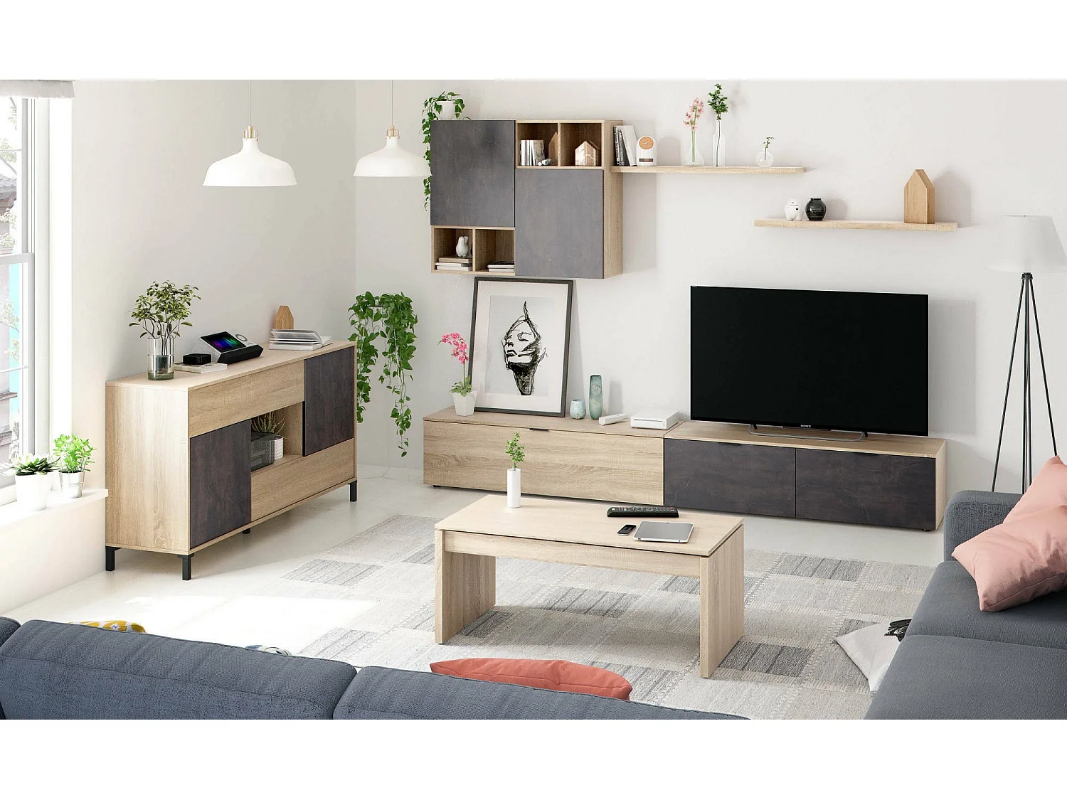 Dmora Dressoir Waco 41x151x80h cm Bruin Eiken 2 Planken 2 Lades, Buffetkast 5 Vakken
