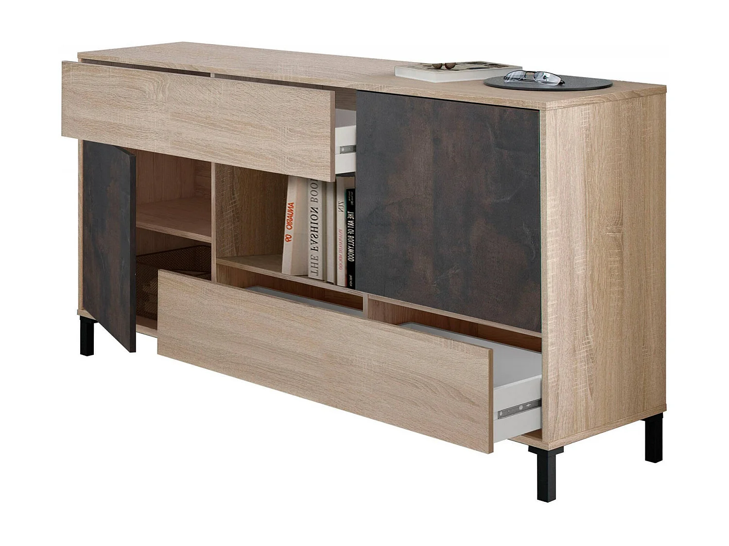Dmora Dressoir Waco 41x151x80h cm Bruin Eiken 2 Planken 2 Lades, Buffetkast 5 Vakken