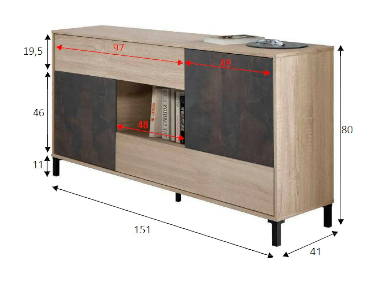 Dmora Dressoir Waco 41x151x80h cm Bruin Eiken 2 Planken 2 Lades, Buffetkast 5 Vakken