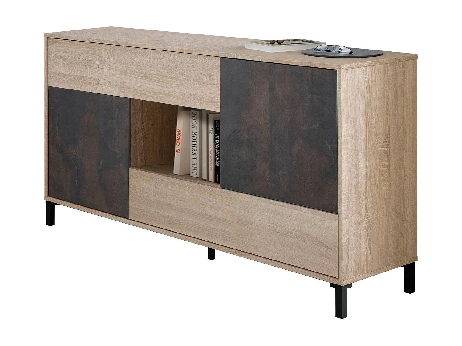 Dmora Dressoir Waco 41x151x80h cm Bruin Eiken 2 Planken 2 Lades, Buffetkast 5 Vakken
