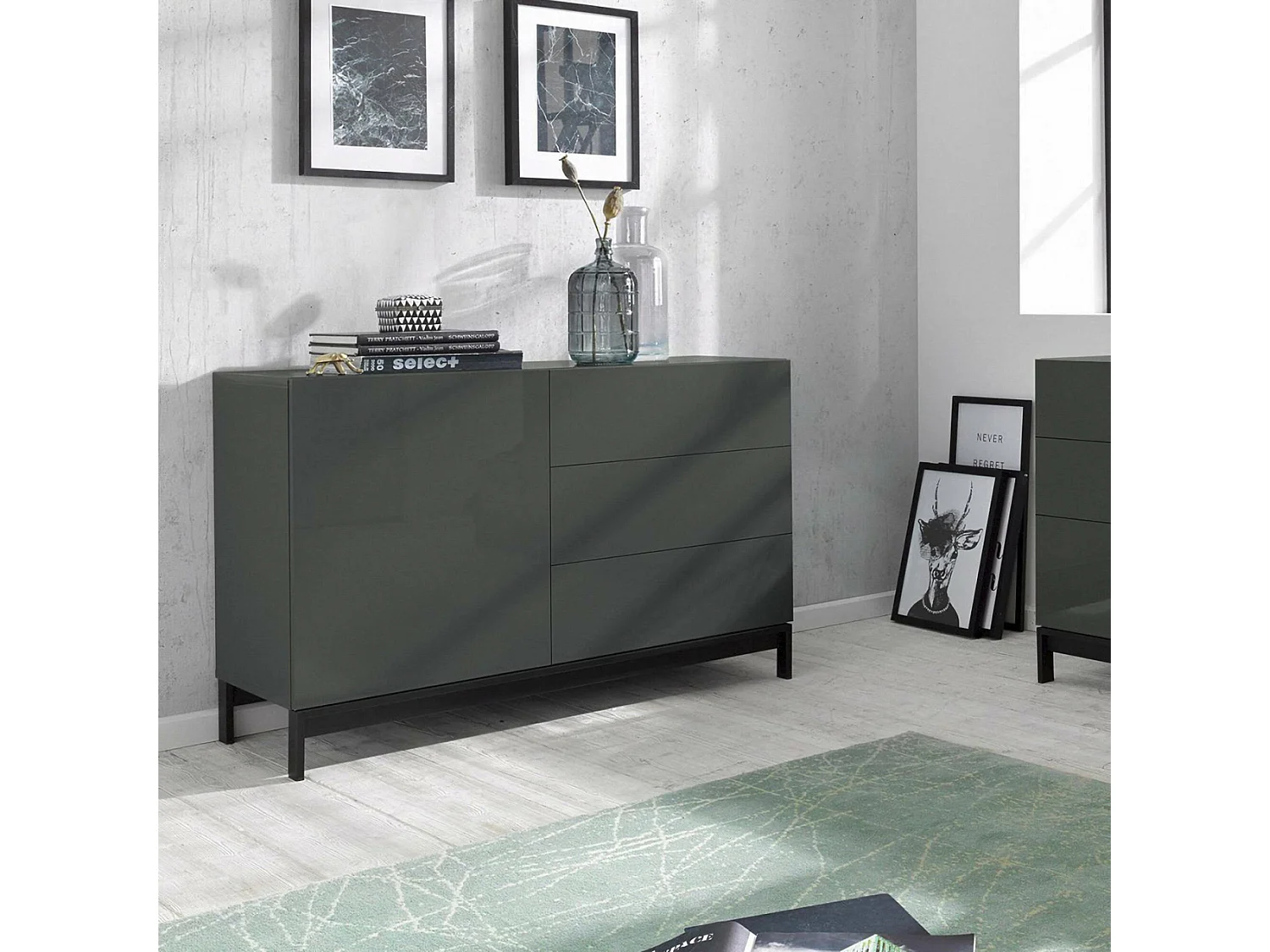 Buffet Sebastiano, Buffet de cuisine avec 1 porte et 3 tiroirs, Buffet de salon, 100% Made in Italy, 110x40h47 cm, Anthracite Brillant