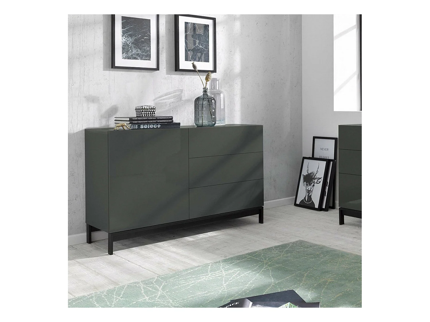 Buffet Sebastiano, Buffet de cuisine avec 1 porte et 3 tiroirs, Buffet de salon, 100% Made in Italy, 110x40h47 cm, Anthracite Brillant
