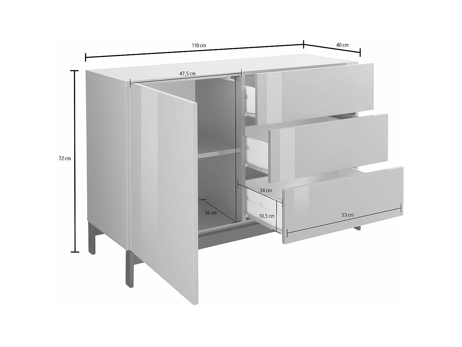 Buffet Sebastiano, Buffet de cuisine avec 1 porte et 3 tiroirs, Buffet de salon, 100% Made in Italy, 110x40h47 cm, Anthracite Brillant