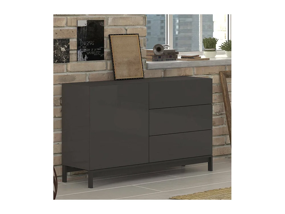 Buffet Sebastiano, Buffet de cuisine avec 1 porte et 3 tiroirs, Buffet de salon, 100% Made in Italy, 110x40h47 cm, Anthracite Brillant