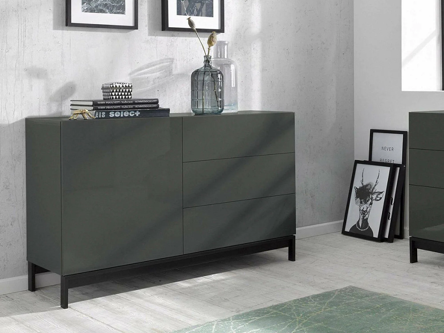 Buffet Sebastiano, Buffet de cuisine avec 1 porte et 3 tiroirs, Buffet de salon, 100% Made in Italy, 110x40h47 cm, Anthracite Brillant