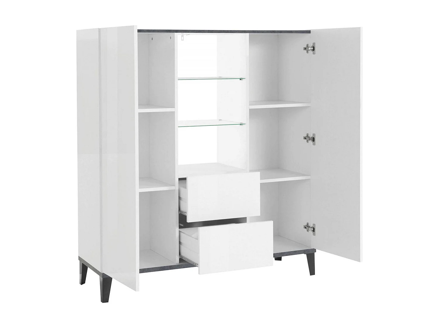 Kommode Niccolò, Küchen-Sideboard mit 2 Türen und 2 Schubladen, Wohnzimmer-Buffet, 100 % Made in Italy, 120 x 40 x 133 cm, glänzendes Weiß und Schiefer,