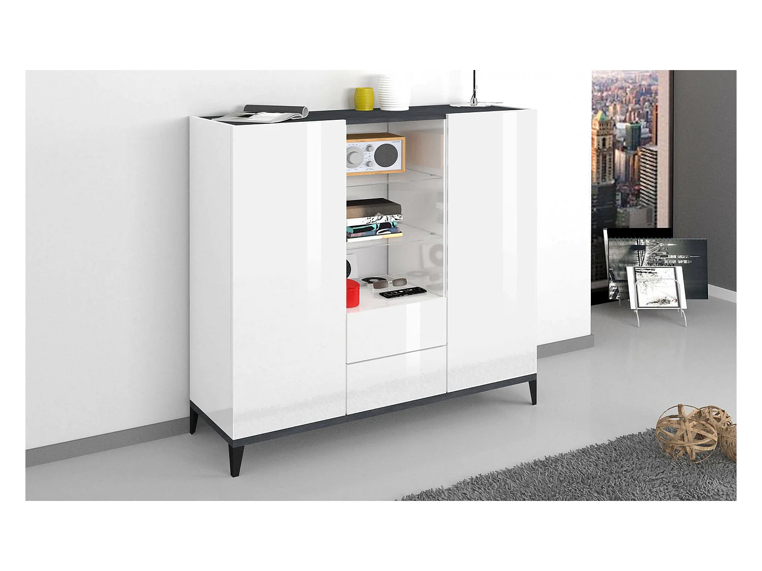 Niccolò dressoir, Keukendressoir met 2 deuren en 2 laden, Woonkamerbuffet, 100% Made in Italy, 120x40h133 cm, Glanzend wit en leisteen