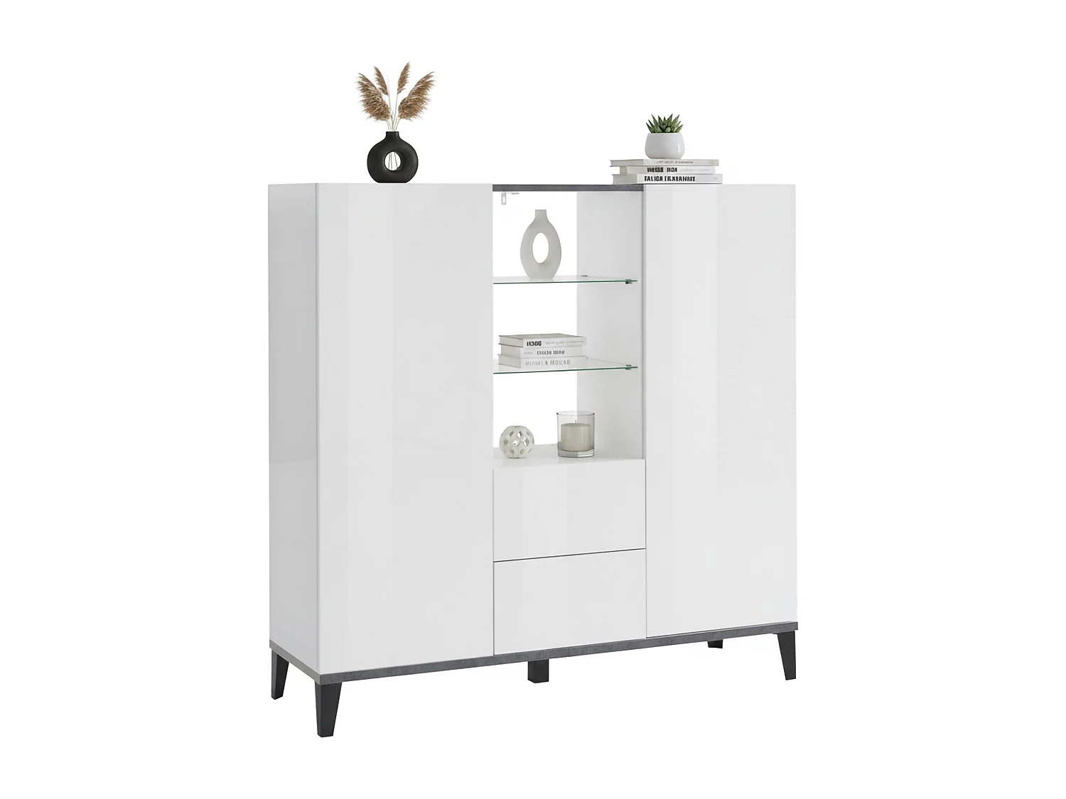 Kommode Niccolò, Küchen-Sideboard mit 2 Türen und 2 Schubladen, Wohnzimmer-Buffet, 100 % Made in Italy, 120 x 40 x 133 cm, glänzendes WeiÃŸ und Schiefer,