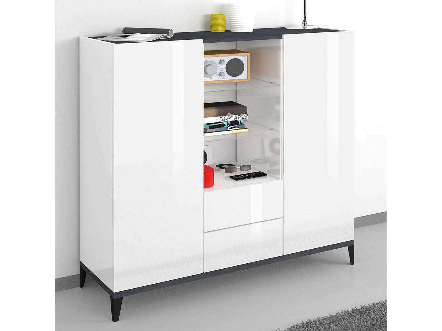Kommode Niccolò, Küchen-Sideboard mit 2 Türen und 2 Schubladen, Wohnzimmer-Buffet, 100 % Made in Italy, 120 x 40 x 133 cm, glänzendes WeiÃŸ und Schiefer,