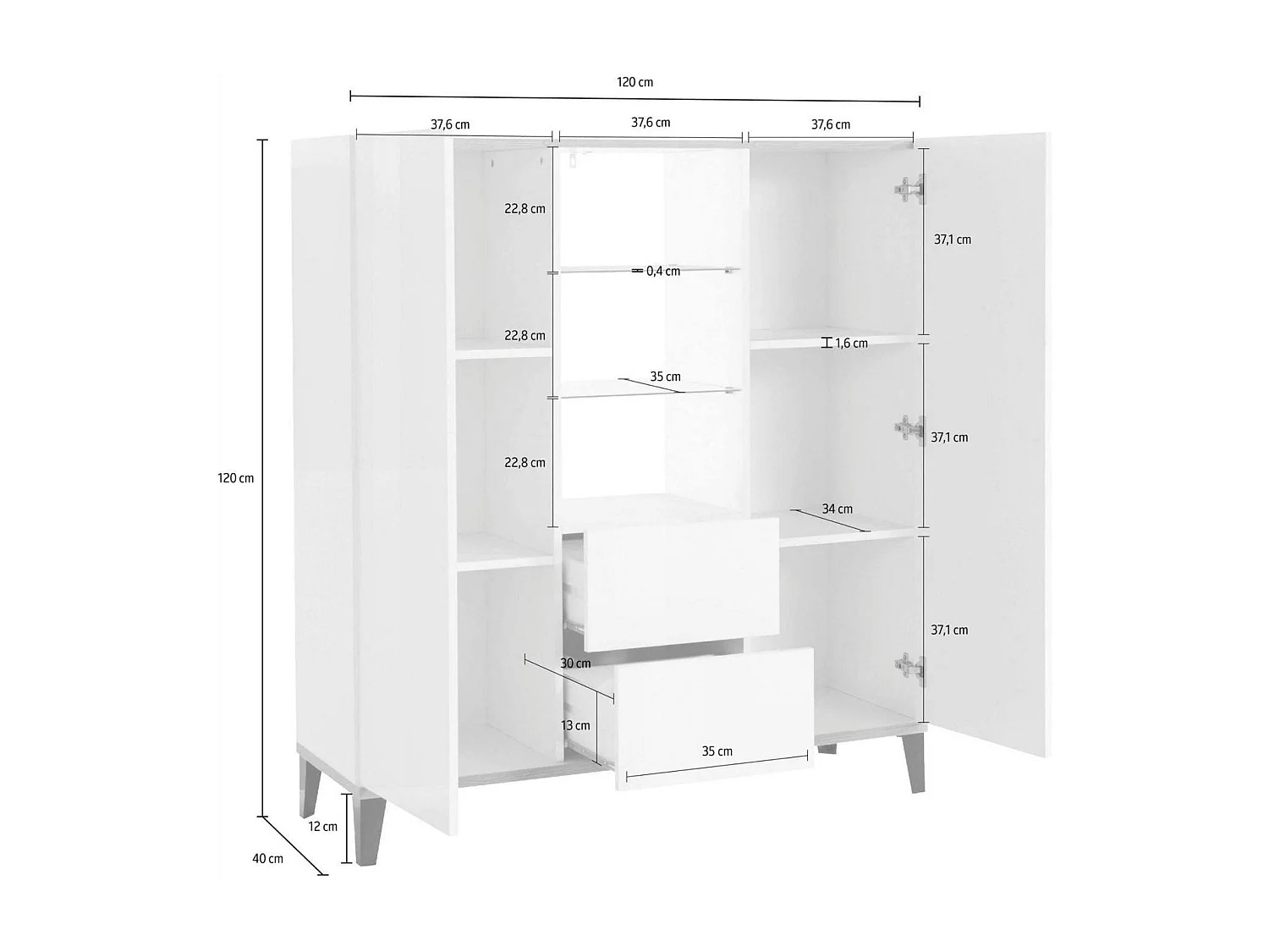 Kommode Niccolò, Küchen-Sideboard mit 2 Türen und 2 Schubladen, Wohnzimmer-Buffet, 100 % Made in Italy, 120 x 40 x 133 cm, glänzendes WeiÃŸ und Schiefer,