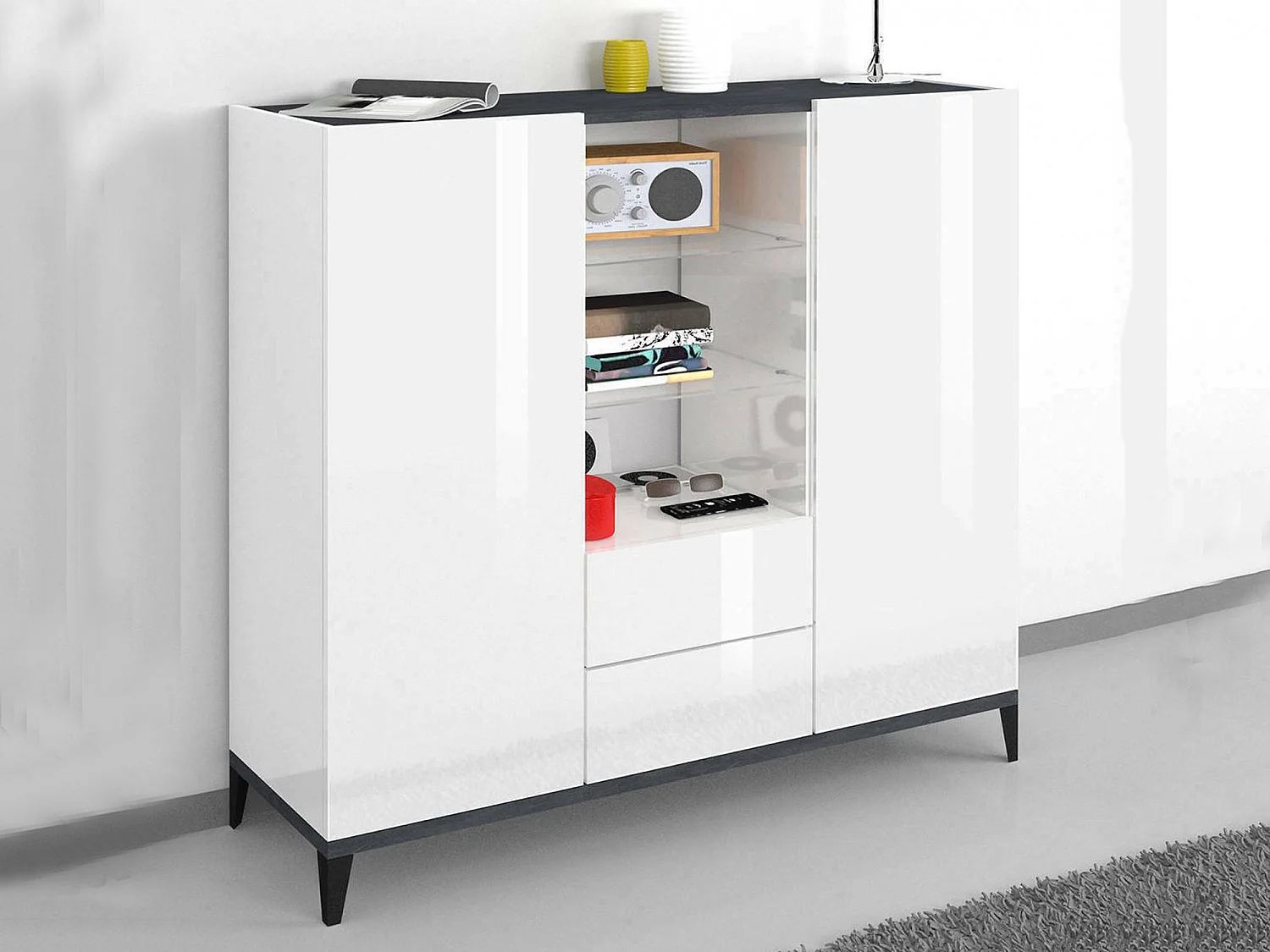 Buffet Niccolò, Buffet de cuisine avec 2 portes et 2 tiroirs, Buffet de salon, 100% Made in Italy, 120x40h133 cm, Blanc brillant et ardoise