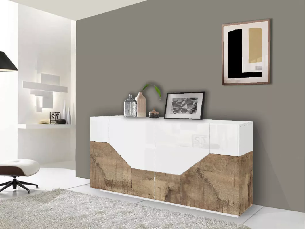 Kauf Unique Kommode Stefano, 4-türiges Küchen-Sideboard, Wohnzimmer-Buffet, 100 % Made in Italy, 200 x 43 x 86 cm, glänzendes Weiß und Ahorn,