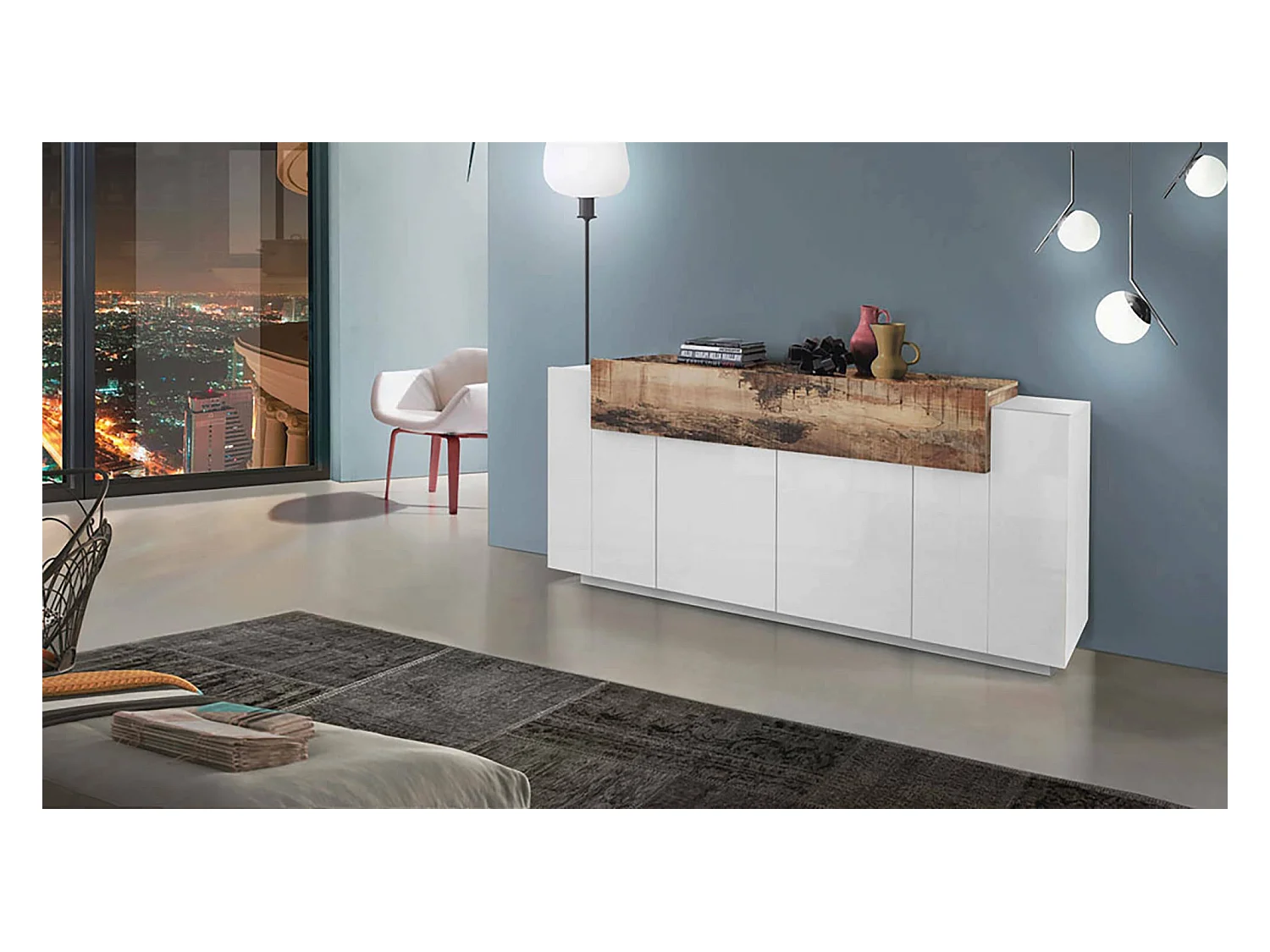 Buffet Loris, Buffet de cuisine avec 4 portes, Buffet de salon, 100% Made in Italy, 200x45h86 cm, Blanc brillant et érable