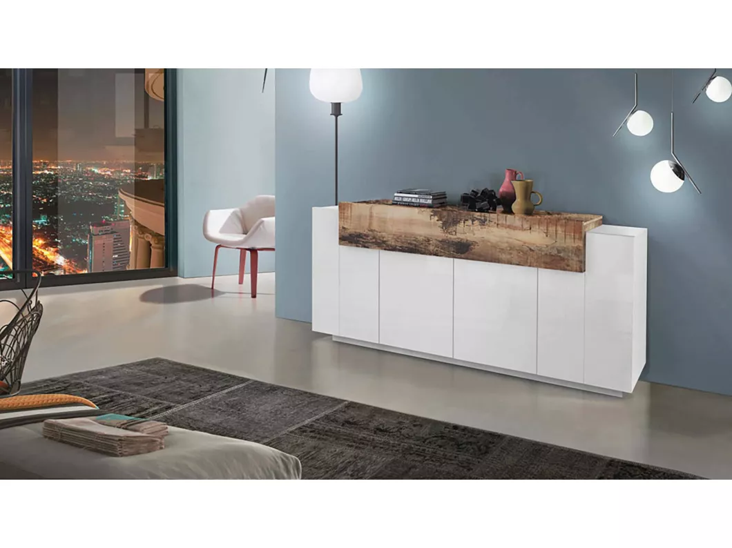 Kauf Unique Kommode Loris, Küchen-Sideboard mit 4 Türen, Wohnzimmer-Buffet, 100 % Made in Italy, 200 x 45 x 86 cm, glänzendes Weiß und Ahorn,