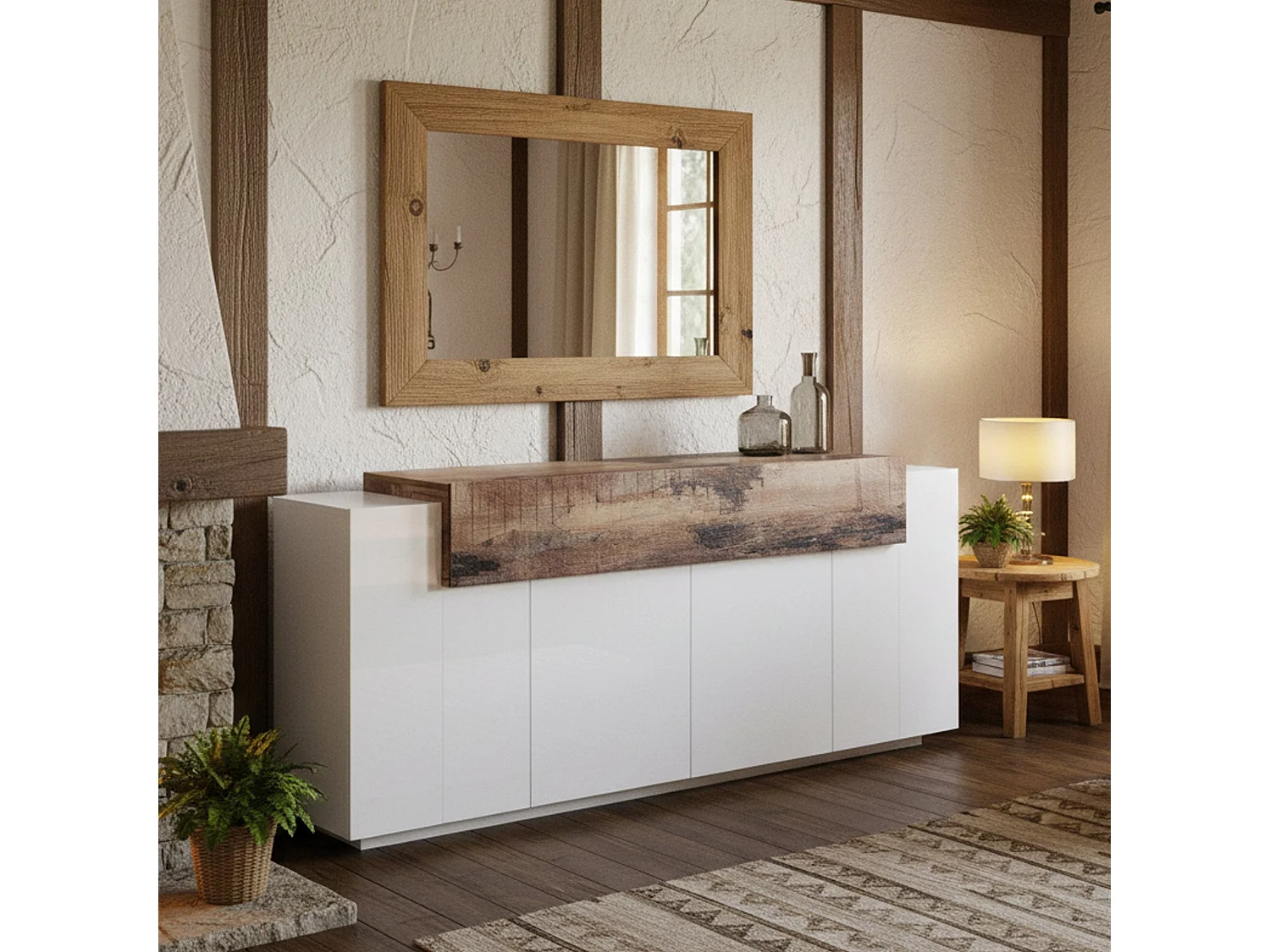Buffet Loris, Buffet de cuisine avec 4 portes, Buffet de salon, 100% Made in Italy, 200x45h86 cm, Blanc brillant et érable