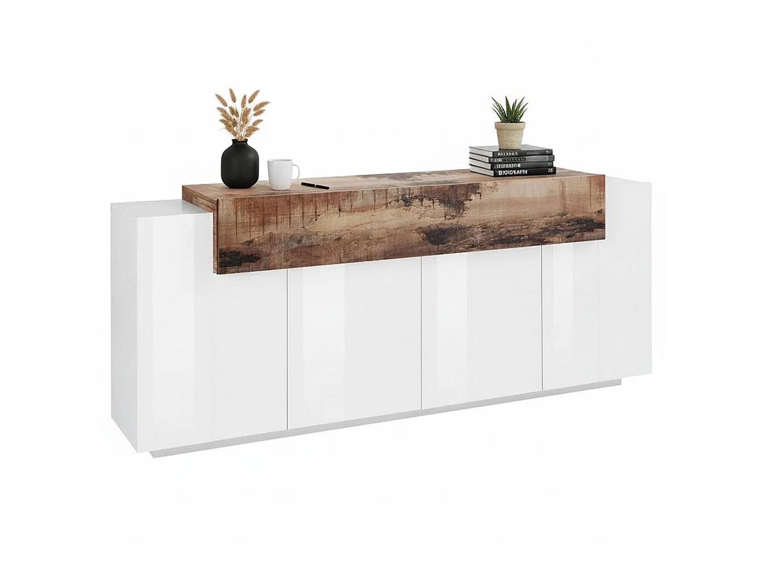 Buffet Loris, Buffet de cuisine avec 4 portes, Buffet de salon, 100% Made in Italy, 200x45h86 cm, Blanc brillant et érable