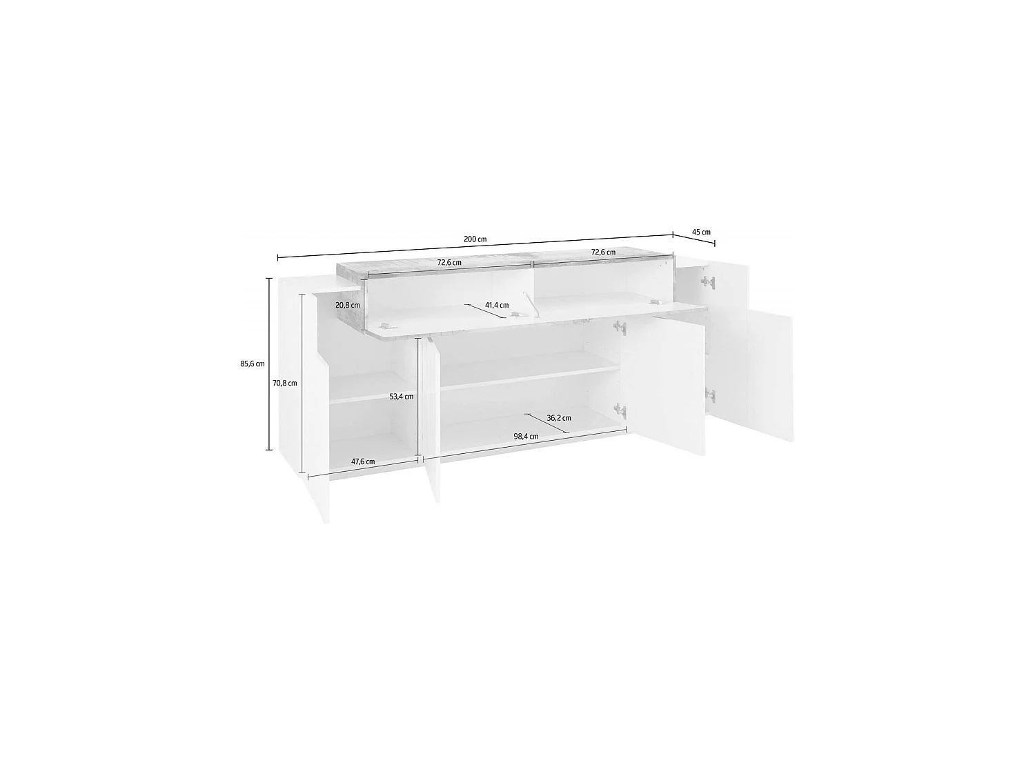 Buffet Loris, Buffet de cuisine avec 4 portes, Buffet de salon, 100% Made in Italy, 200x45h86 cm, Blanc brillant et érable