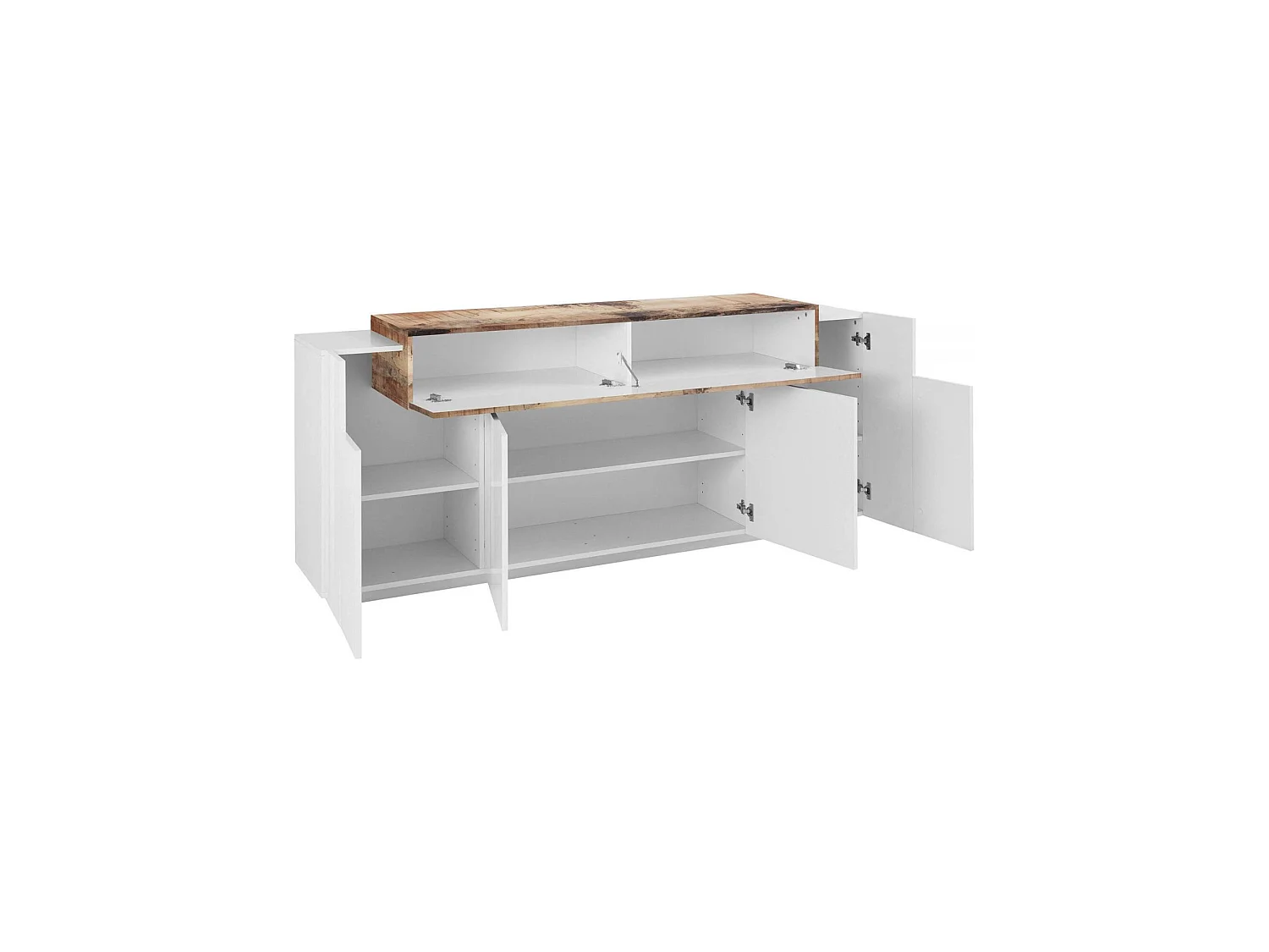 Buffet Loris, Buffet de cuisine avec 4 portes, Buffet de salon, 100% Made in Italy, 200x45h86 cm, Blanc brillant et érable