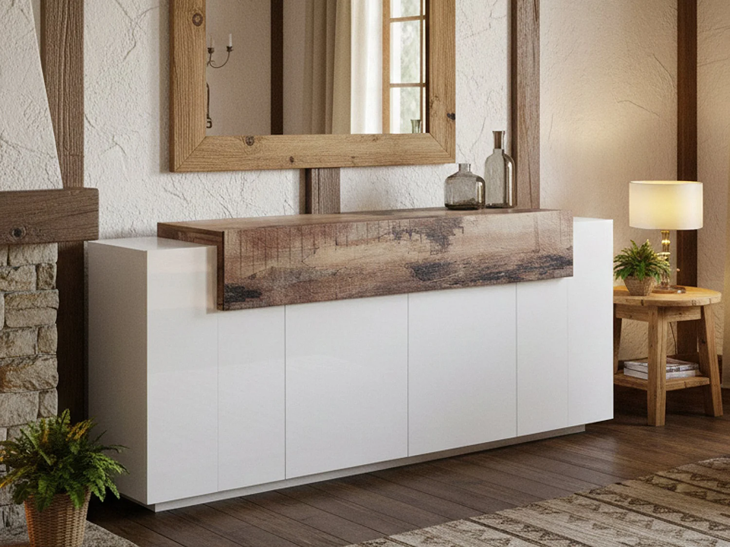 Aparador Loris, Aparador de cocina con 4 puertas, Buffet de salón, 100% Made in Italy, 200x45h86 cm, Blanco brillo y Arce