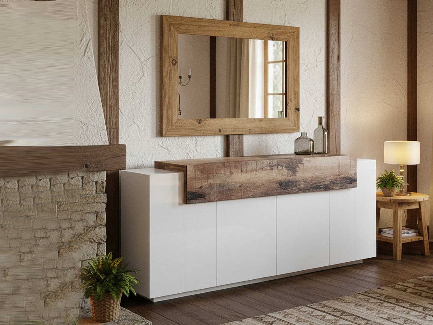 Aparador Loris, Aparador de cocina con 4 puertas, Buffet de salón, 100% Made in Italy, 200x45h86 cm, Blanco brillo y Arce