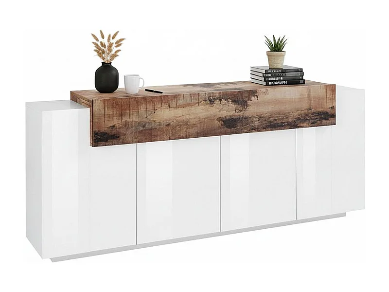 Buffet Loris, Buffet de cuisine avec 4 portes, Buffet de salon, 100% Made in Italy, 200x45h86 cm, Blanc brillant et érable