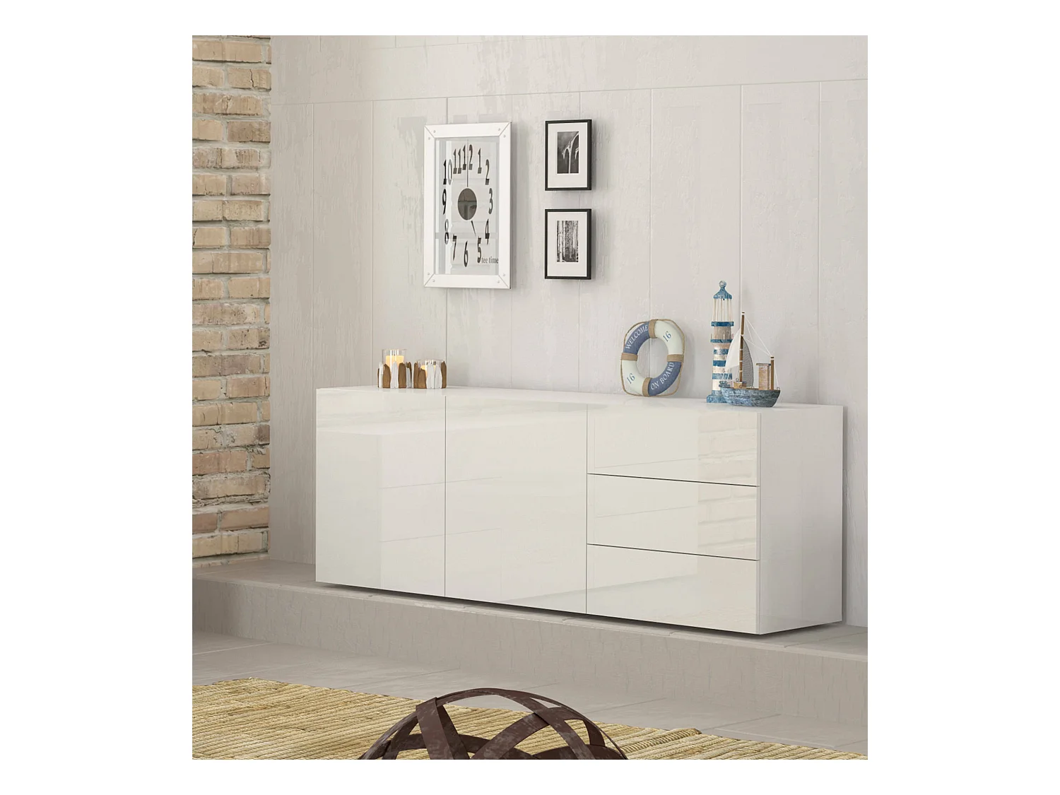 Nereo dressoir, Keukendressoir met 2 deuren en 3 laden, Woonkamerbuffet, 100% Made in Italy, 170x40h35 cm, Glanzend wit