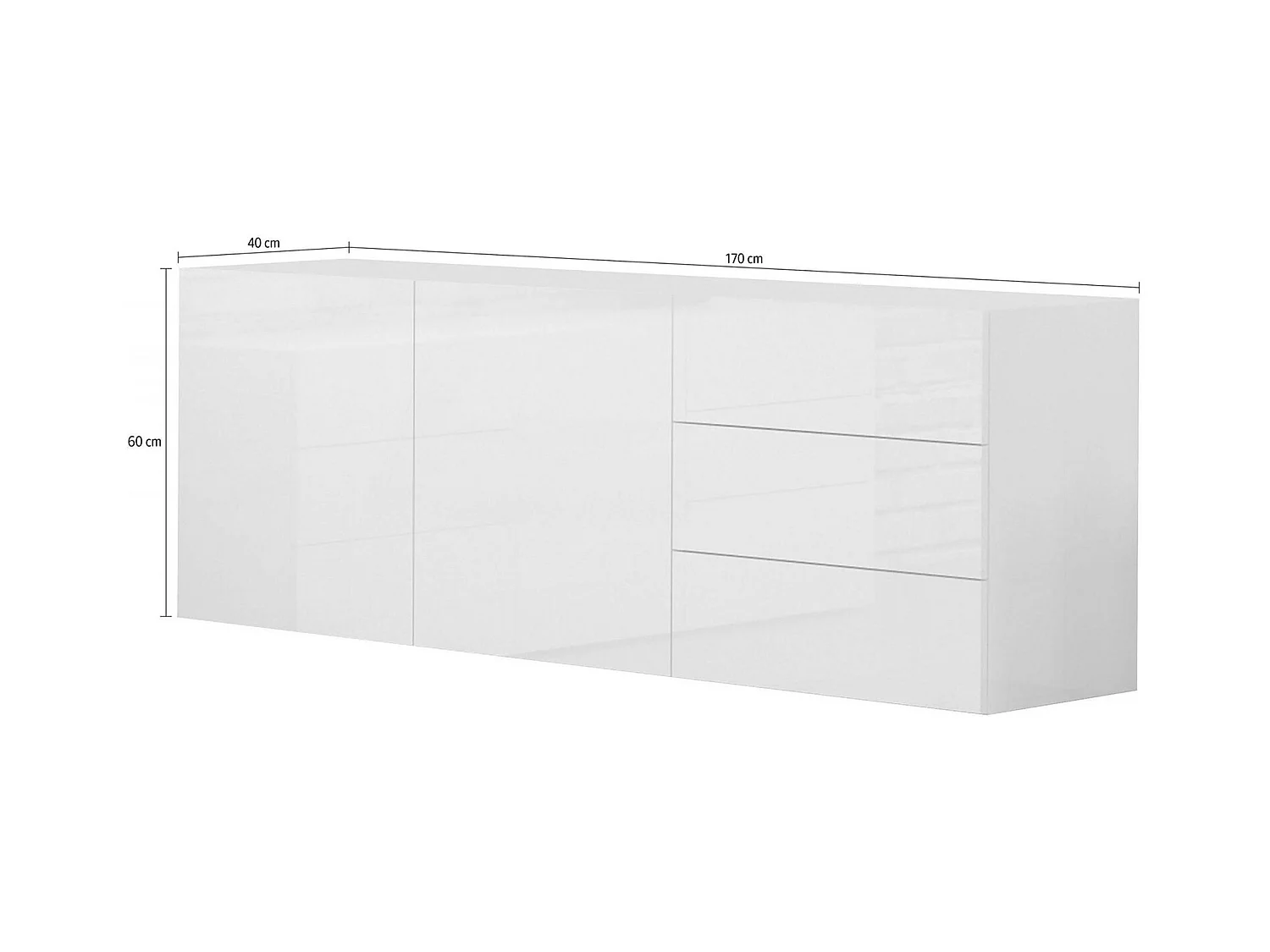 Buffet Nereo, Buffet de cuisine avec 2 portes et 3 tiroirs, Buffet de salon, 100% Made in Italy, 170x40h35 cm, Blanc brillant