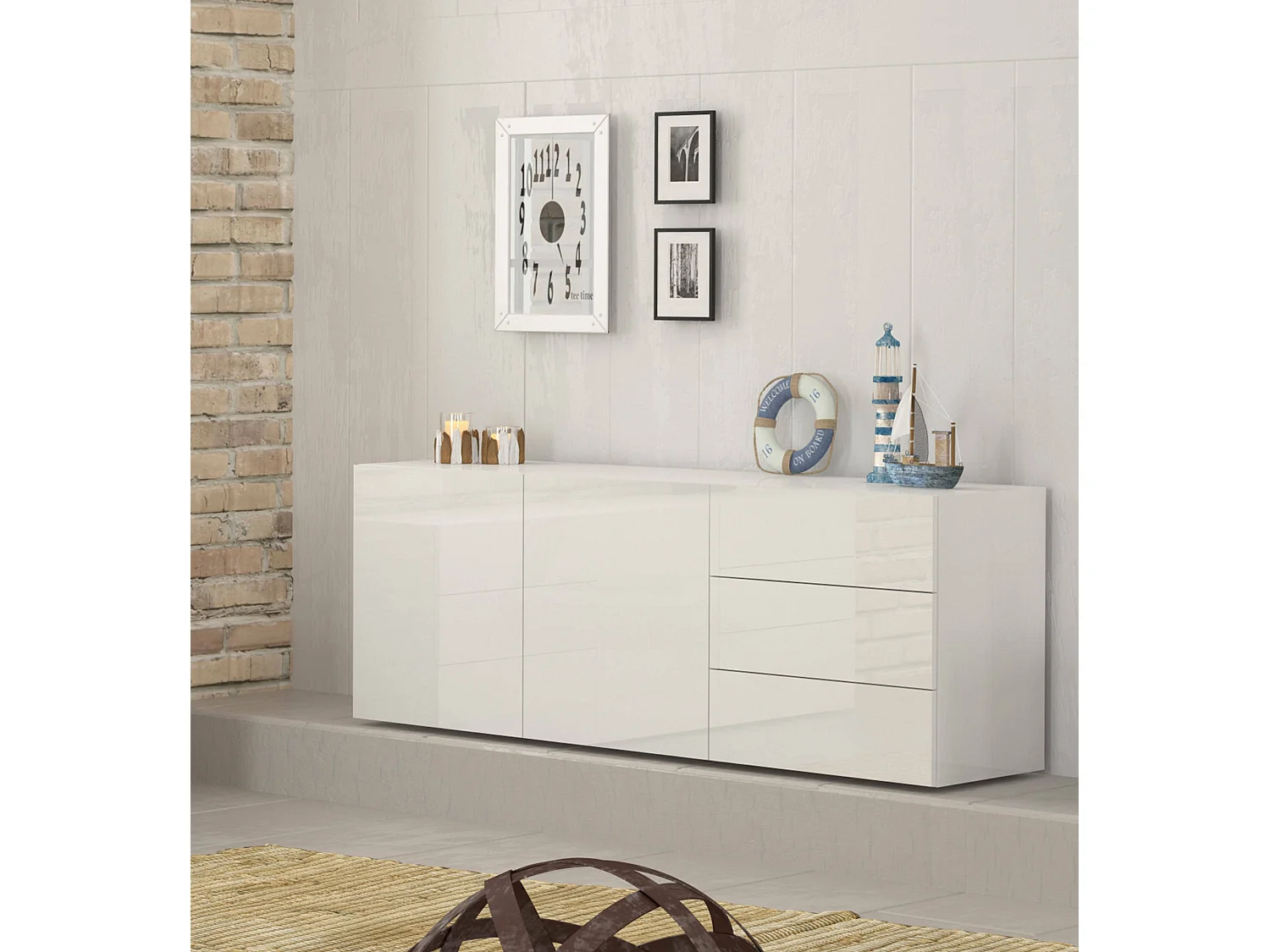 Nereo dressoir, Keukendressoir met 2 deuren en 3 laden, Woonkamerbuffet, 100% Made in Italy, 170x40h35 cm, Glanzend wit