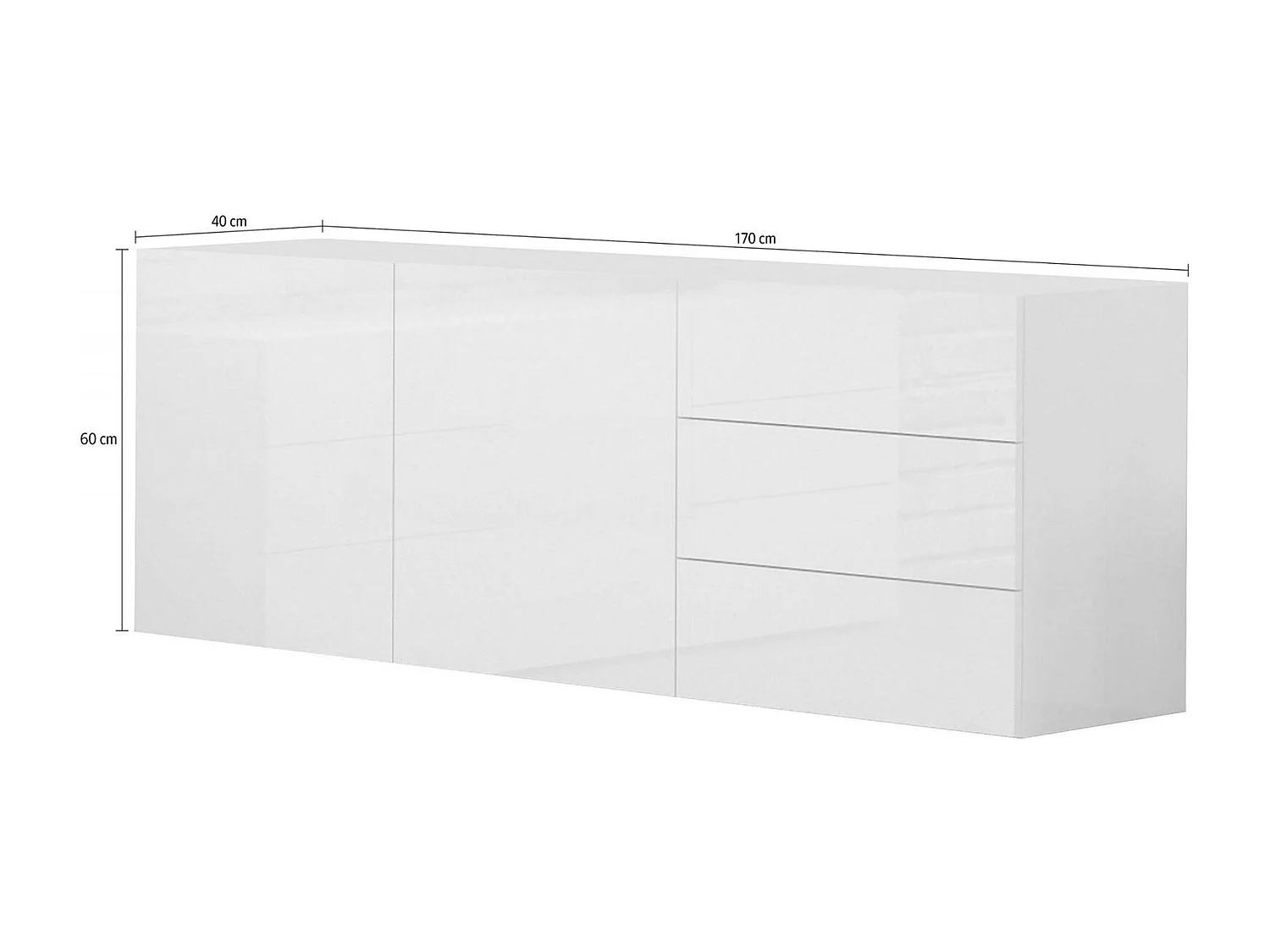Dmora Dressoir Nereo 40x170x60h cm Wit Glanzend, 1 Plank 3 Laden, Dressoir 2 Vakken Made in Italy