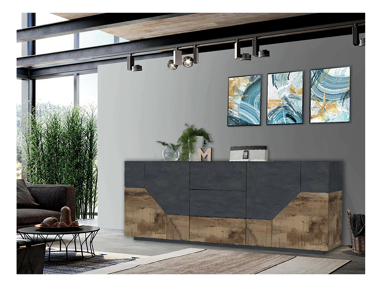 Credenza Sebastian, Madia da cucina a 4 ante e 3 cassetti, Buffet da soggiorno, 100% Made in Italy, cm 220x43h86, Ardesia e Acero